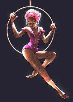 a drawing of a woman with pink hair and tights in the air holding a hoop