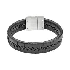 "Bracelet Details: Length: 8.5 in. Clasp: magnetic Metal: stainless steel Features: braided black leather  Size: 8.5"". Gender: male. Age Group: adult." Black Leather Bracelet Men, Stainless Steel Bracelet Men, Masculine Style, Black Leather Bracelet, Woven Bracelet, Bracelet Men, Braided Leather Bracelet, Mens Leather Bracelet, Woven Bracelets