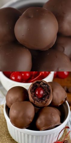 there are chocolates and cherries in the bowl on the table next to each other