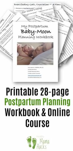 the printable 28 page postpartum planning workbook and online course for babies