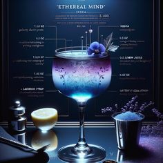 the anatomy of a purple and blue drink in a glass with ingredients labeled on it