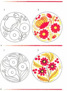 four different types of embroidery designs on white paper with red and yellow flowers in the center