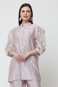 Purple short kurta with placed floral cutwork patterns  sleeves, pleated bodice and pearl embellishments. Comes with sheer panel pant. - Aza Fashions Elegant Sets With Resham Embroidery And Short Sleeves, Elegant Sets With Resham Embroidery, Elegant Short Sleeve Sets With Resham Embroidery, Elegant Cutwork Tops For Spring, Fitted Cutwork Blouse For Spring, Elegant Summer Blouse With Cutwork, Elegant Summer Cutwork Blouse, Elegant Fitted Cutwork Tops, Elegant Short Sleeve Sets With Floral Embroidery