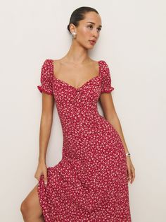 Wear the dress. Shop the Shyla Dress from Reformation, a midi dress with short puffed sleeves, a sweetheart neckline, and front tie. Polka Dot Midi Dress, Time Clothes, Work Wear Outfits, Vintage Inspired Outfits, Swimwear Dress, Rayon Dress, Vintage Inspired Dresses, Puffed Sleeves, Outerwear Sweater