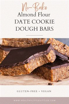 no - bake almond flour date cookie dough bars are stacked on top of each other