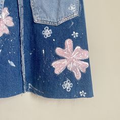 Hand painted patchwork denim dress Spring Blue Recycled Denim Skirt, Blue Recycled Denim Skirt For Spring, Upcycled Blue Denim Skirt For Spring, Overalls Aesthetic, Patchwork Denim, Pink And White Flowers, Patchwork Jeans, Upcycled Fashion, Dream Style