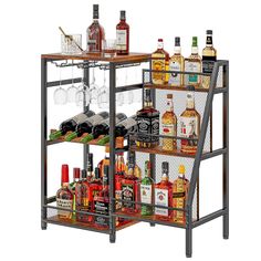 an image of a bar cart with liquor bottles and glasses on it's shelves