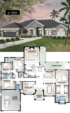 the floor plan for this modern house is very large and has two master suites on each side