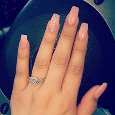 Nude coffin nails with just the right amount of bling! Almond Vs Coffin, Nude Ballerina Nails Medium, Coffin Tan Nails, Soft Coffin, Pale Pink Coffin, Black Coffin Nails, Matte Nails Design, Trendy Nail Art, Super Nails