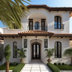 this is an artist's rendering of a house with palm trees in the front yard