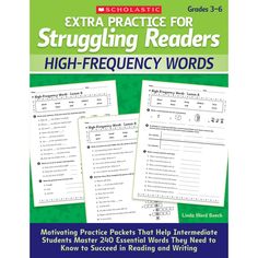 the book cover for extra practice for struggling readers high - frequency words, with three pages