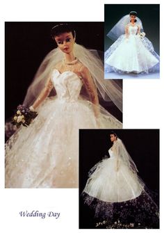 the wedding dress is white and has flowers on it, as well as a veil