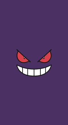 an evil looking face with red eyes and fangs on it's forehead, in front of a purple background