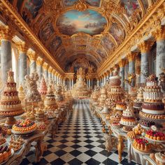 a large room filled with lots of cakes and desserts