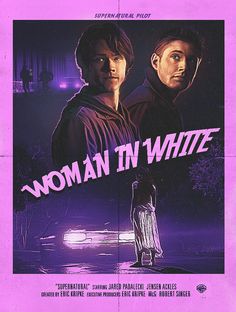 a movie poster for woman in white with two men standing next to each other on a purple background