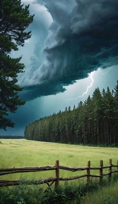 a painting of a storm coming in over a field with trees and grass behind it