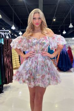 Puff Sleeves Hot Pink Ruffle A-Line Homecoming Dress Center Of Attention, Pink Ruffle, Hoco Dresses, Bold Color, Homecoming Dress, Puff Sleeves, Bold Colors, Homecoming Dresses, Homecoming