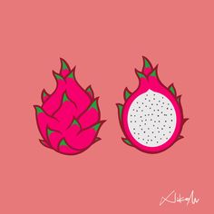 two pieces of fruit on a pink background