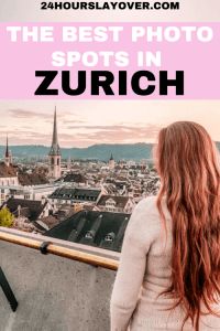 a woman standing on top of a building with the words, the best photo spots in zurich