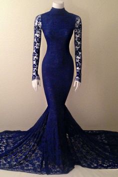 Navy Blue Mermaid Lace Long Sleeves High Neck Prom Evening Dress Long Sleeve Mermaid Dress, Mermaid Gown Prom, High Neck Prom Dress, Blue Evening Gowns, Formal Dresses For Teens, Formal Occasion Dress, Royal Blue Prom Dresses