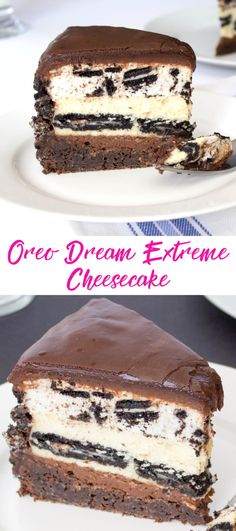 two pictures of oreo dream extreme cheesecake with chocolate and cream filling on top