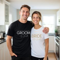 Introducing our charming Bride and Groom T-Shirts, the perfect attire for couples looking to celebrate their love in a stylish and fun way. These matching shirts are perfect for couples before or after wedding, honeymoon trips, or any occasion where you want to showcase your love story. Product Description: These t-shirts have-ribbed knit collars to bolster shaping. The shoulders are tapered for a better fit over time. Dual side seams hold the garment's shape for longer.  Made with 100% Airlume Cotton Short Sleeve T-shirt For Honeymoon, Cotton Short-sleeved T-shirt For Honeymoon, White Short Sleeve Couples T-shirt, Couples White Short Sleeve T-shirt, White Matching Couples T-shirt, Groom Shirts, Wife And Husband, Mr Und Mrs, Wedding Honeymoon