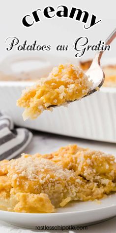 a close up of a spoon with food on it and the words creamy potatoes au gratin