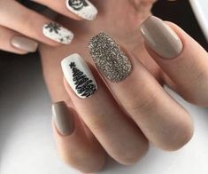 December Nails, Tree Nails, Pretty Acrylic Nails, Short Acrylic Nails, Square Nails