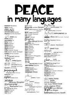 a black and white poster with the words peace in many languages