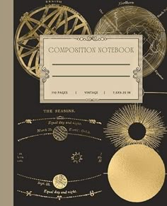 the composition notebook is filled with golden circles and lines that are connected to each other