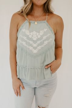 Keep cool in this sage embroidered, strappy, camisole tank. It features adjustable straps in the back, a keyhole detail in the back, lace trim accents, and a ruffled tiered flounce. This top has a very vintage and girly vibe. Fully lined. Fabric- 100% RAYON | LINING: 100% RAYON Ellen (first picture) is 5'5 with a 34 inch bust and 27 inch waist and wears a size small. Pam is 5'3 with a 36 inch bust and 31 inch waist and wears a size medium. *General sizing information listed below! Size small: Bu 27 Inch Waist, Clothes Closet, Keep Cool, One Pic, Dream Closet, Tank Top Fashion, Lace Trim, Camisole Top, Adjustable Straps