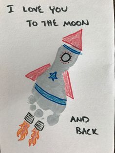 i love you to the moon and back handprinted card with bear on rocket