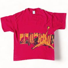 Overview: 1990s Vintage Nike Michael Jordan T-Shirt In Red With Single-Stitched Sleeves And Bottom Hem And An Awesome Orange/Yellow And Black Wrap-Around Graphic, Including The 90s Nike Swoosh Logo On The Back, And The Air Jordan Logo Hit On The Sleeve. 90s Bulls Era Jordan! Size: Adult Extra Extra Large, Xxl This Is A Preloved Vintage Tee In Very Good Vintage Condition With A Light Fade And Light Distressing Of The Graphics- Just How You Want Your Vintage Tee. See Photos For Details. Sizing: Tag: 90s Era Nike Gray Tag, Tagged Size Xxl, Made In The Usa Pit To Pit: 24.5” Collar To Bottom Hem: 29" *Most Of These Pieces Are Preowned Vintage Items And May Have Wear Or Nike Retro Tops For Streetwear, Nike Relaxed Fit Shirt For Streetwear, Nike Retro Short Sleeve Top, Retro Nike Tops For Streetwear, 90s Red Shirt For Streetwear, Nike Red Tops For Streetwear, Red Nike Tops For Streetwear, Oversized Red Shirt For Streetwear, Retro Red Shirt For Streetwear