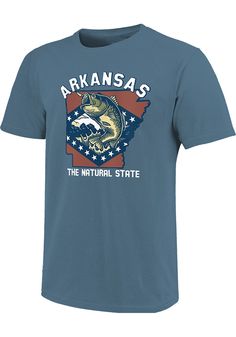 Support your Arkansas in this Blue Short Sleeve Fashion Tee! This Natural State Fishing Fashion T Shirt features a screen print. Be ready to shout "" when you wear this Arkansas Local Stuff Shop Short Sleeve Fashion T Shirt in the stadium or on the street. Garment dye, Crew neck, Screen print, Ring spun, True to Size, 50% POLYESTER/ 25% COTTON/ 25% RAYON, 8 Affordable Blue T-shirt For Outdoor, Blue Short Sleeve T-shirt For Outdoor, Pre-shrunk Short Sleeve Fishing Shirt, Fishing Shorts, Blue Pre-washed Short Sleeve T-shirt, Blue Short Sleeve T-shirt For Fishing, Blue Shorts, Arkansas, Fashion Tees