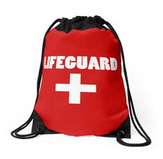 a red drawsack bag with the words lifeguard printed on it and a white cross