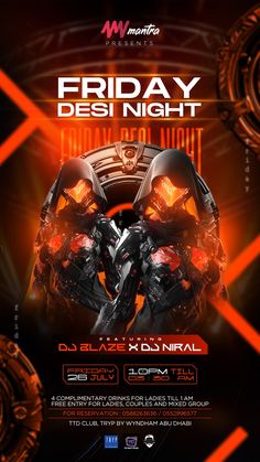 a flyer for a night club with two motorcycle helmets on it and the words friday desi