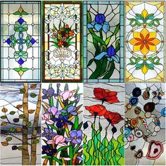 four different stained glass panels with flowers and leaves on them, all in various colors