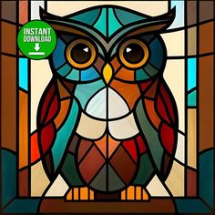 an owl is sitting in front of a stained glass window with the words instant download on it