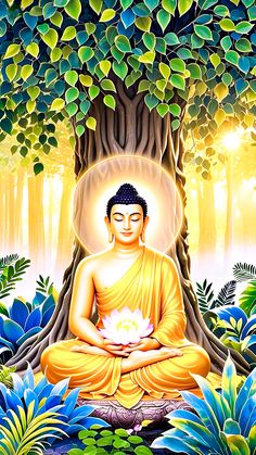 the buddha is sitting in front of a tree with leaves around it and holding a white flower