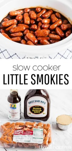 slow cooker filled with little smokies next to jar of bbq sauce