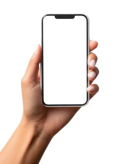 a person holding up a smart phone with a white screen in their hand on a white background