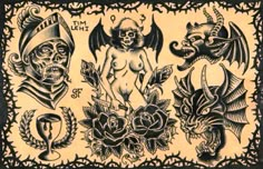 an old - fashioned tattoo design is shown in black and white, with skulls on it