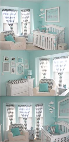 three pictures of a baby's room with blue walls and furniture, including a crib