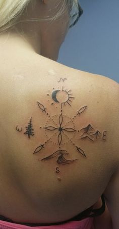 the back of a woman's shoulder with an arrow and compass tattoo on it