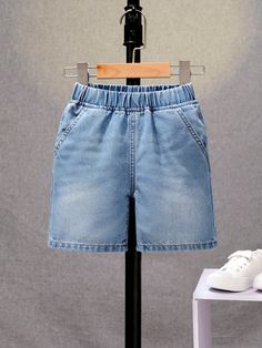 Washed Denim Casual Shorts For Young Boys, Summer Light Wash    Denim Plain Straight Leg Non-Stretch  Young Boys Clothing, size features are:Bust: ,Length: ,Sleeve Length: Solid Denim Shorts For Summer, Casual Solid Denim Shorts, Stretch Denim Knee-length Shorts, Stretch Light Wash Shorts With Pockets, Boys Denim Shorts, Boys Denim, Shorts Casual, Light Summer, Shorts Jeans