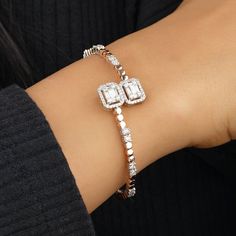 This beautiful bracelet is made with the highest quality diamond on a 100% guaranteed 14k solid gold setting and the best quality natural diamonds.  The bracelet features a diamond weighing 1.43ct. ★ MATERIALS ★ ♥ Stone: Natural Diamonds Shape: Round  Carat: 1.09 Clarity : SI Color: HI ♥ Stone: Natural Diamonds Shape: Baguette Carat: 0.16 Clarity : SI Color: HI ♥ Stone: Natural Diamonds Shape: Emerald Cut Carat: 0.18 Clarity : SI Color: HI THE METAL 14K Solid Gold Available in Rose / Yellow / White Gold MADE TO ORDER Good things come to those who wait! Please allow 2 weeks for your perfect product to ship. Please leave a message for early delivery or customization. PERSONALIZED ENGRAVING Add your initials/name (up to 5 letters) and we'll engrave it on the band at no additional cost. OCCASI Luxury Rectangular Diamond Bracelet With Diamond Accents, Rectangular Fine Jewelry Wedding Bracelet, Rectangular Diamond Cut Wedding Bracelets, Luxury Adjustable Diamond Cut Diamond Bracelet, Rose Gold Baguette Cut Bracelet For Weddings, Baguette Cut Rose Gold Bracelets For Wedding, Rectangular Cubic Zirconia Bracelets For Anniversary, Luxury Rectangular Bracelets With Diamond Accents, Rose Gold Baguette Cut Bracelets For Wedding