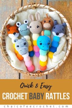 crochet baby rattles in a basket with text overlay