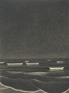 an image of a black and white photo with waves in the water at night time