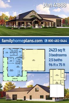 two story house plan with 3 bedroom and 2 bathrooms in the front, an open floor plan