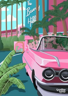 a pink car parked in front of a palm tree next to a sign that says the beverly hotel